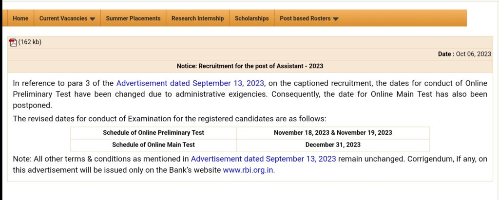 RBI assistant exam date 2023